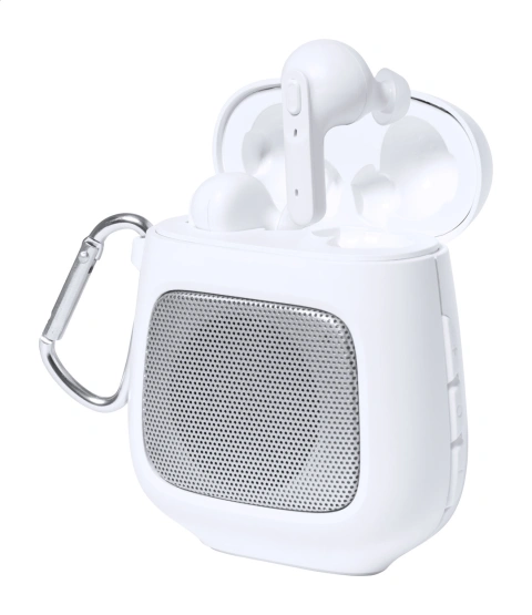Boxy bluetooth speaker with earphones